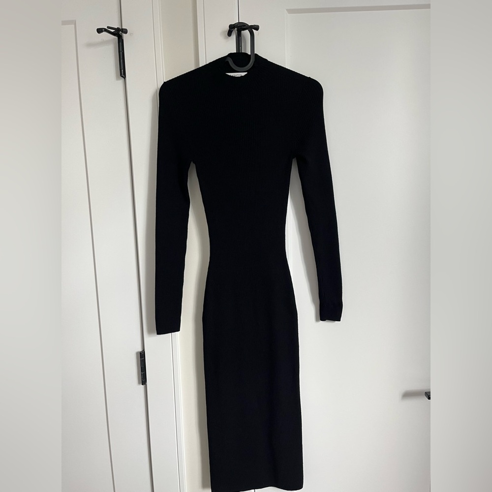 Aritzia Black Ribbed Long-Sleeve Midi Knit Dress